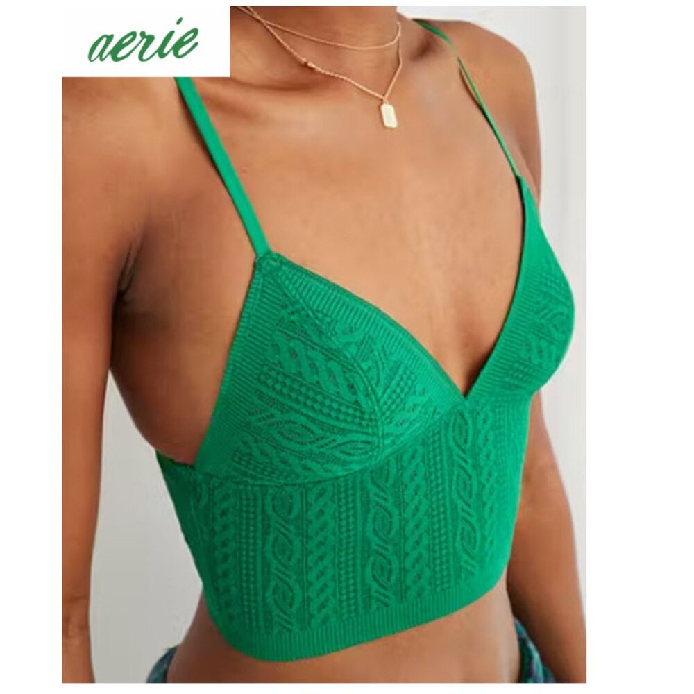 Aerie Cable Lace Longline Bralette Size Medium Emerald Green